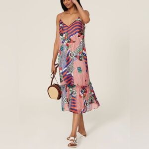 Lauren Ralph Lauren Georgette Nautical Print Midi Dress V Neck Blue Red Size 2